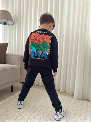 Cg Kids Minecraft Siyah Turuncu Sırt Baskılı Detay Erkek Çocuk 2 Iplik Alt Üst Takım Süper Kalite Kumaş