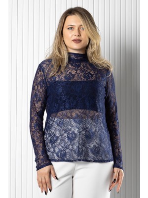 Modaviki Dantel Transparan Bluz Lacivert MDV990