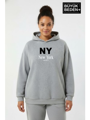 Superlife Kadın Büyük Beden Kapşonlu Ny Newyork Baskılı Ince Swatshırt SPR26BSWK957-15