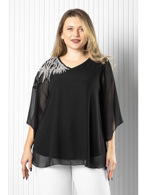 Modaviki Tek Omuz Işlemeli Şifon Bluz  Siyah MDV972