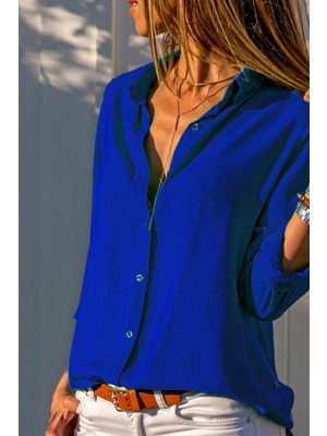 Hiccup Kadın Janes Normal Kesim Düğmeli Gömlek Kobalt Mavisi