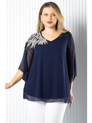 Modaviki Tek Omuz Işlemeli Şifon Bluz  Lacivert MDV972