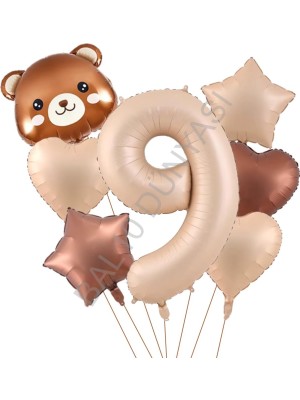 Rönesans Parti Ayı Kafa Rakam Kalp Yıldız Folyo Balon Seti Yaş-9