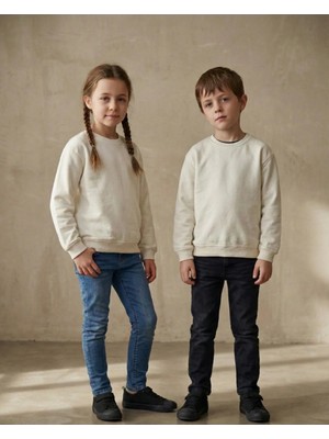 Kyex Kids Unisex Çocuk Krem Rengi Bisiklet Yaka Basic Sweatshirt - %100 Pamuklu Yumuşak Dokuma