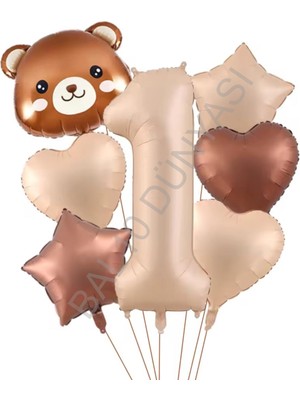 Bal10 Dünyası Ayı Kafa Rakam Kalp Yıldız Folyo Balon Seti Yaş-1