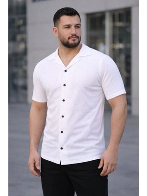Erkek Waffle Kumaş Kısa Kollu Düğmeli Açık Yaka Regular Fit Gömlek - Beyaz
