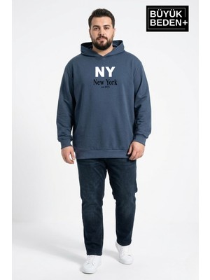 Superlife Erkek Büyük Beden Ince Kapşonlu Ny Newyork Baskılı Ince Swatshırt SPR26BSW957-15