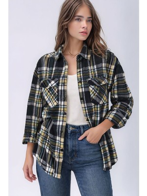 Mamayaga Kadın Desen Bloklu Oduncu Oversize Bol ve Geniş Kalıp Casual Cepli Yakalı Ceket Gömlek