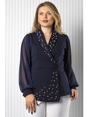 Modaviki Inci Detaylı Şifon Kol Bluz Lacivert MDV984