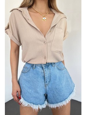 Hiccup Kadın Janes Dokulu Düğmeli Gömlek Bej Doğal