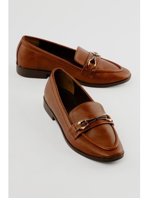 Mubiano Kadın Loafer Gold Tokalı Günlük Ayakkabı Elio Taba