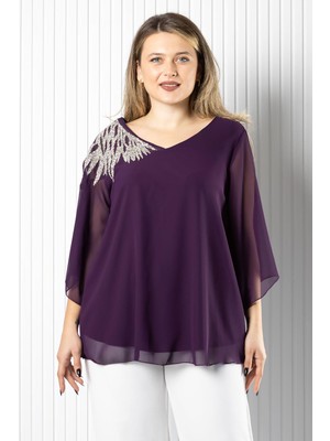 Modaviki Tek Omuz Işlemeli Şifon Bluz  Mor MDV972