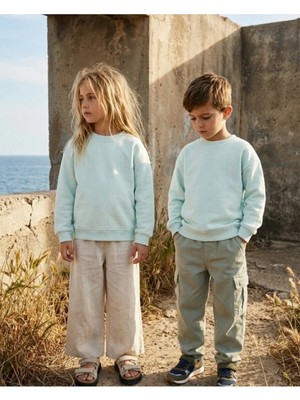 Kyex Kids Unisex Çocuk Buz Mavisi Bisiklet Yaka Basic Sweatshirt - %100 Pamuklu Yumuşak Dokuma