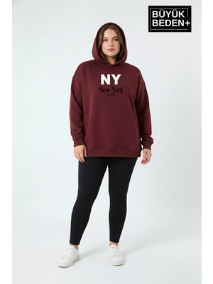 Superlife Kadın Büyük Beden Kapşonlu Ny Newyork Baskılı Ince Swatshırt SPR26BSWK957-15