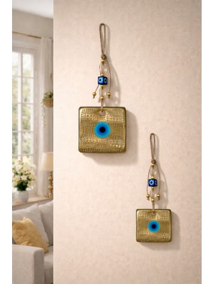 Nevce Store 2’li Kare Cam Nazar Boncuğu Duvar Süsü Nazarlık – Altın Detaylı - En Güzel Hediye - Modern Dekor