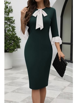 Hiccup Kadın Janes Fiyonk Detaylı Midi Vücuda Oturan Elbise Yeşil