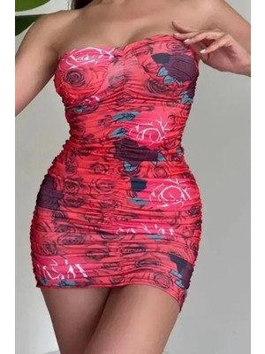 Hiccup Kadın Janes Çiçek Desenli Straplez Vücuda Oturan Mini Elbise Kırmızı