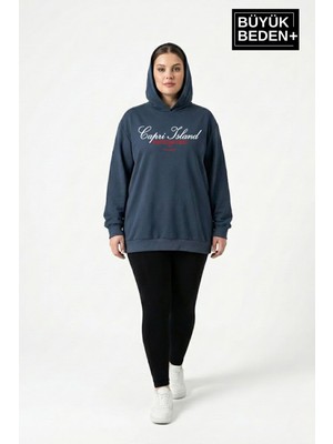 Superlife Kadın Büyük Beden Kapşonlu Capri Island Baskılı Ince Swatshırt SPR26BSWK957-14
