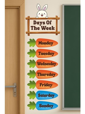 Aysha Tasarım Duvar Sticker - Ingilizce Haftanın Günleri Havuç ve Tavşan Temalı Kendinden Yapışkanlı Cam / Ayna / Duvar Sticker - Çocuk Odası/anaokul/kreş/okul