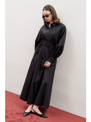 Manuka Enya Pileli Gömlek Elbise Siyah