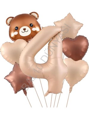 Rönesans Parti Ayı Kafa Rakam Kalp Yıldız Folyo Balon Seti Yaş-4