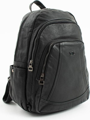 Duomino Siyah Çok Cepli Poliüretan Yıkama Deri Sırt Çantası Günlük Çanta Sırt Çantası