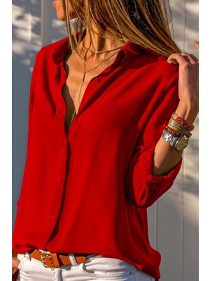 Hiccup Kadın Janes Normal Kesim Düğmeli Gömlek Kırmızı