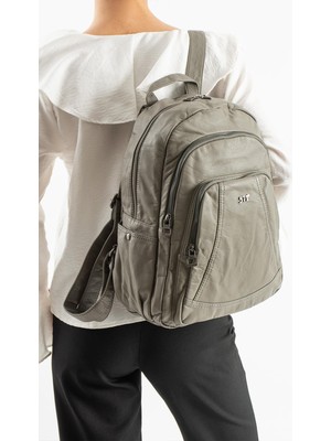 Duomino Gri Çok Cepli Poliüretan Yıkama Deri Sırt Çantası Günlük Çanta Sırt Çantası