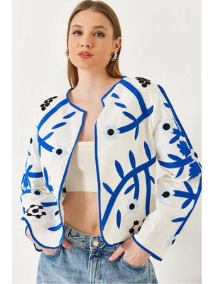 Septemmart Mavi Floral Nakışlı %100 Pamuk Beyaz Bohem Ceket