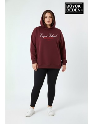 Superlife Kadın Büyük Beden Kapşonlu Capri Island Baskılı Ince Swatshırt SPR26BSWK957-14