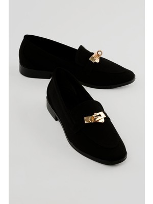 Mubiano Kadın Nubuk Loafer Gold Tokalı Günlük Ayakkabı Elna Siyah