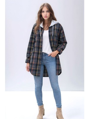 Mamayaga Kadın Desen Bloklu Oduncu Oversize Geniş Kalıp Casual Cepli Kapüşonlu Uzun Boy Ceket Gömlek