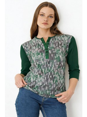 Desen Triko Kadın Açma Yaka Truvakar Kol Desenli Penye Bluz Yeşil