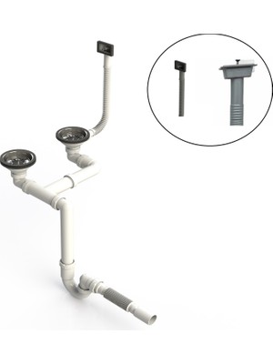 Melek Yapı Çöpmak Çiftli Taşmalı Evye Sifonu Dirsekli Flex Tahliyeli Yer Tasarruflu