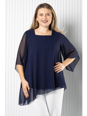 Modaviki Inci Detaylı Şifon Bluz Lacivert MDV974