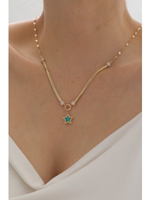 Yavuz Kuyumculuk 14 Ayar Altın Çift Zincir Turkuaz Mineli Yıldız Kolye