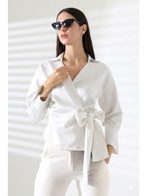 ribana Saten Kruvaze Yaka Yandan Bağlamalı Gömlek Bluz