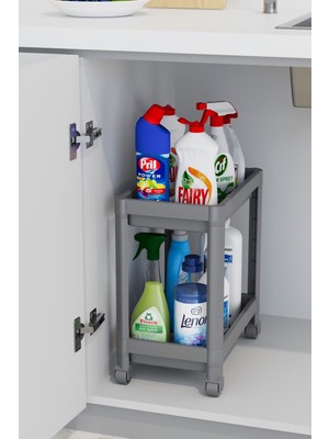 Mutfak Köşesi 2 Katlı Tekerlekli Düzenleyici, Banyo Rafı, Mutfak Tezgah ve Evye Altı, Deterjanlık Raf Gri
