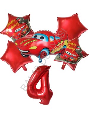 Best Parti Kırmızı Rakam Araba Yıldız Folyo Balon Seti Yaş-4