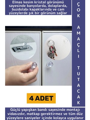 Wintoup Montajsız Çekmece Dolap Klozet Kapağı Şık Kristal Tasarım Çok Amaçlı Yapışkanlı Tutacak Buton 4 Adet