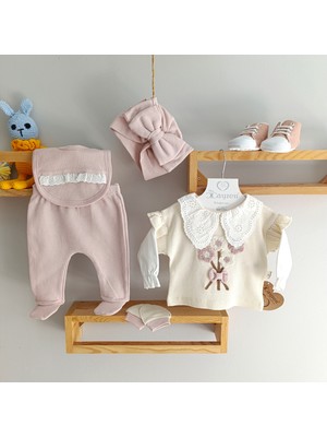 Minicayzen Cayzen Yakası Dantelli Kabartma Nakışlı Waffle 5li Zıbın Set Pudra