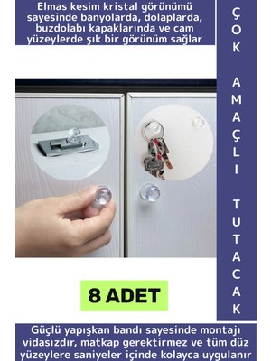 Wintoup Montajsız Çekmece Dolap Klozet Kapağı Şık Kristal Tasarım Çok Amaçlı Yapışkanlı Tutacak Buton 8 Adet