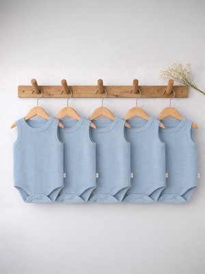 Civil Baby Organik 5 Li Sıfır Kol  Çıtçıtlı Badi - Mavi 0-1 Ay