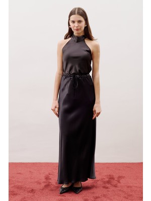 Manuka Bel Ayarlamalı Saten Etek Siyah