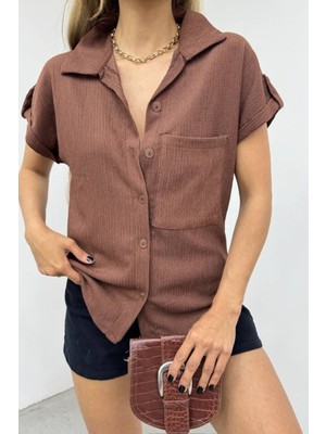 Hiccup Kadın Janes Dokulu Düğmeli Gömlek Mocha Kahvesi