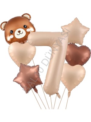 Bal10 Dünyası Ayı Kafa Rakam Kalp Yıldız Folyo Balon Seti Yaş-7
