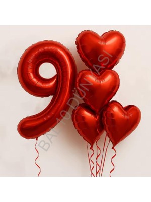 Bal10 Dünyası Kırmızı Rakam Kalp Folyo Balon Seti Yaş-9