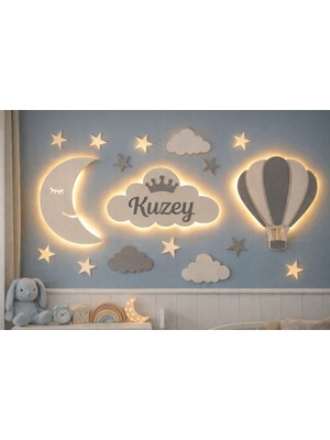 Diyar Tasarım Isimli Bebek Odası Duvar Süsü – Ahşap Bulut Ay ve Balon – LED Işıklı Dekor
