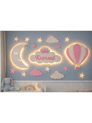 Diyar Tasarım Isimli Bebek Odası Duvar Süsü – Ahşap Bulut Ay ve Balon – LED Işıklı Dekor