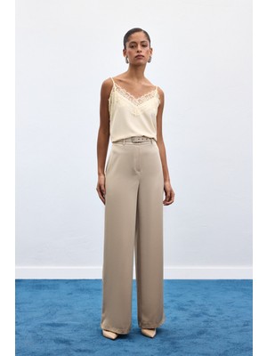 Sateen Kemer Detaylı Saten Pantolon - Taş